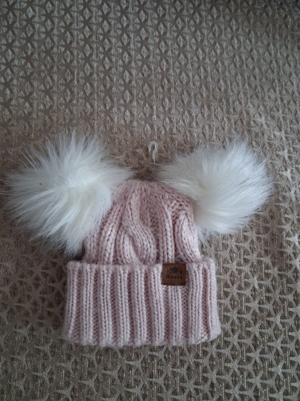 New Roots Kids Pink Cable Knit Hat with Double White Faux-Fur Poms